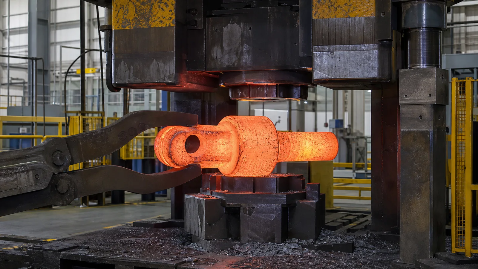 Hot forged steel component under a forging press (reference image)